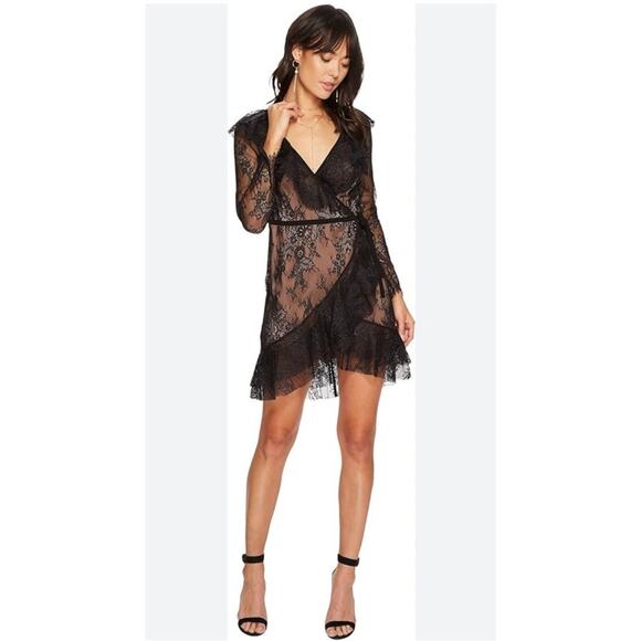 NWT For Love & Lemons Daphne Lace Wrap Mini Dress Black Nude Sheer Ruffle M - Picture 4 of 9